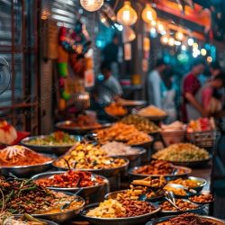 Poster Vibrant street food market at night, with colorful food stalls, diverse cuisines – Wall Art